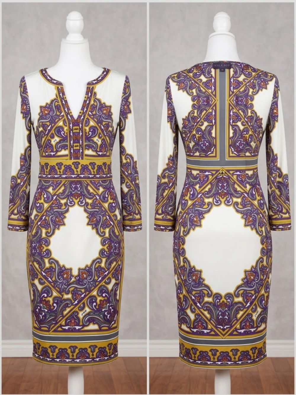 Elegant Purple and Gold Patterned Sheath Dress-Size XS